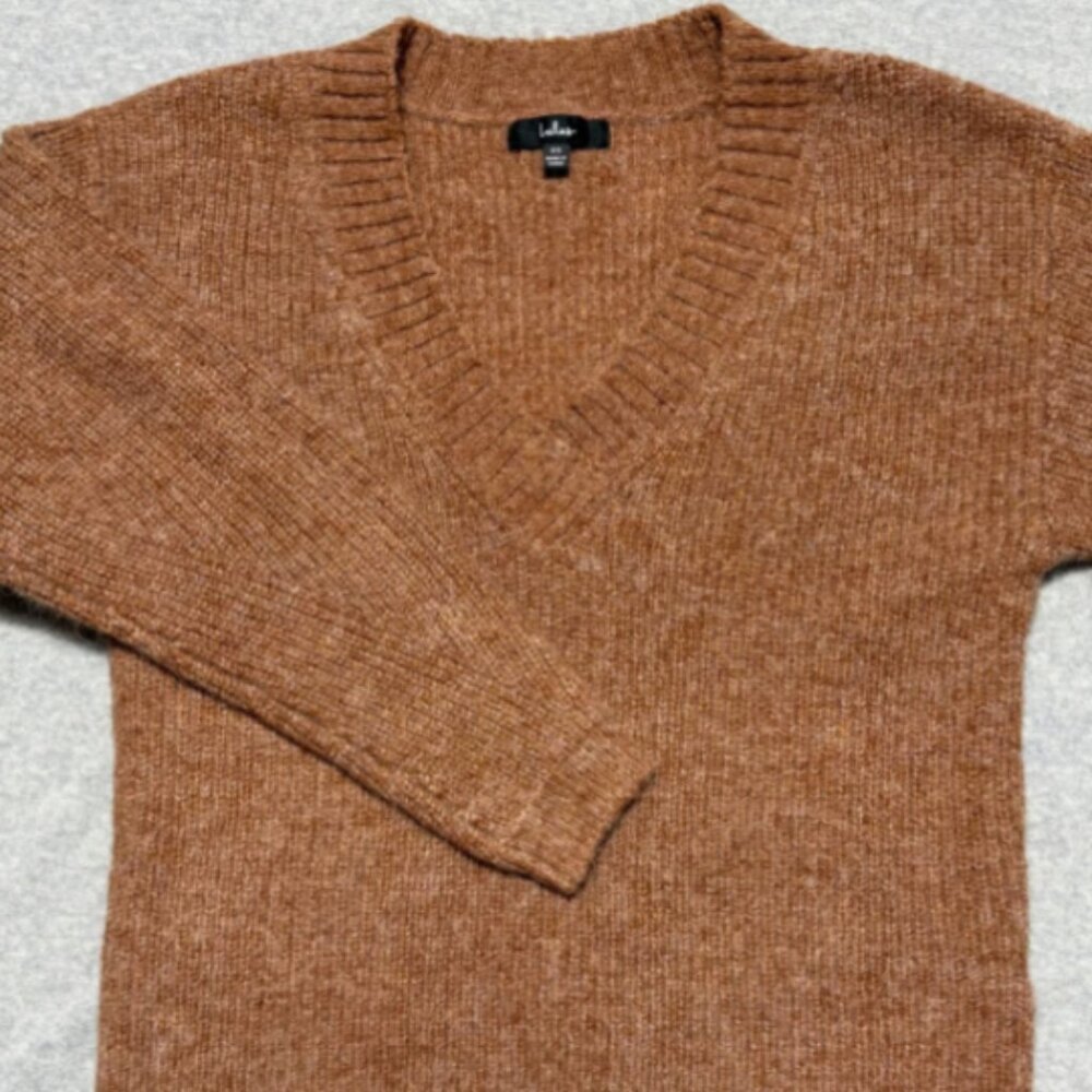 Lulus Womens XS Brown Wool Blend V-Neck Pullover Knit Sweater Ribbed Trim